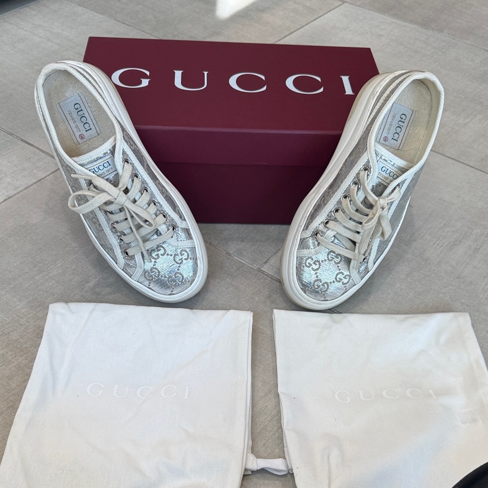 Gucci Cream and Silver Patterned Sneakers